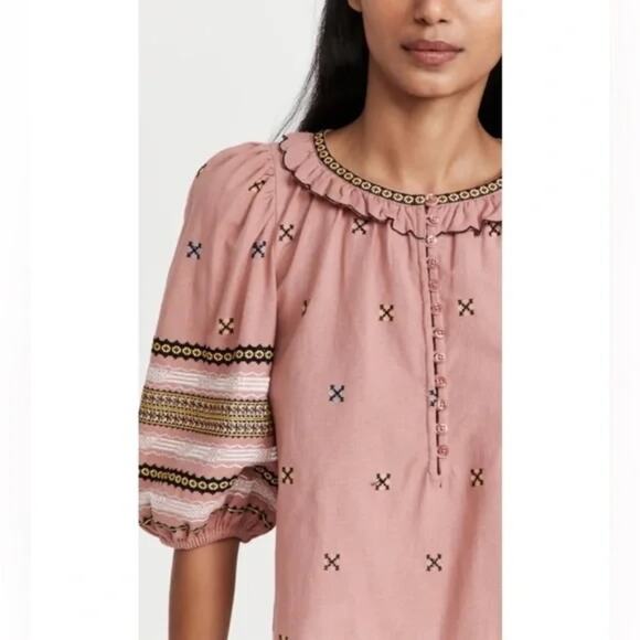THE GREAT Clementine Embroidered Linen Cottagecore Blouse Pink Rosette X-Small - Picture 2 of 9